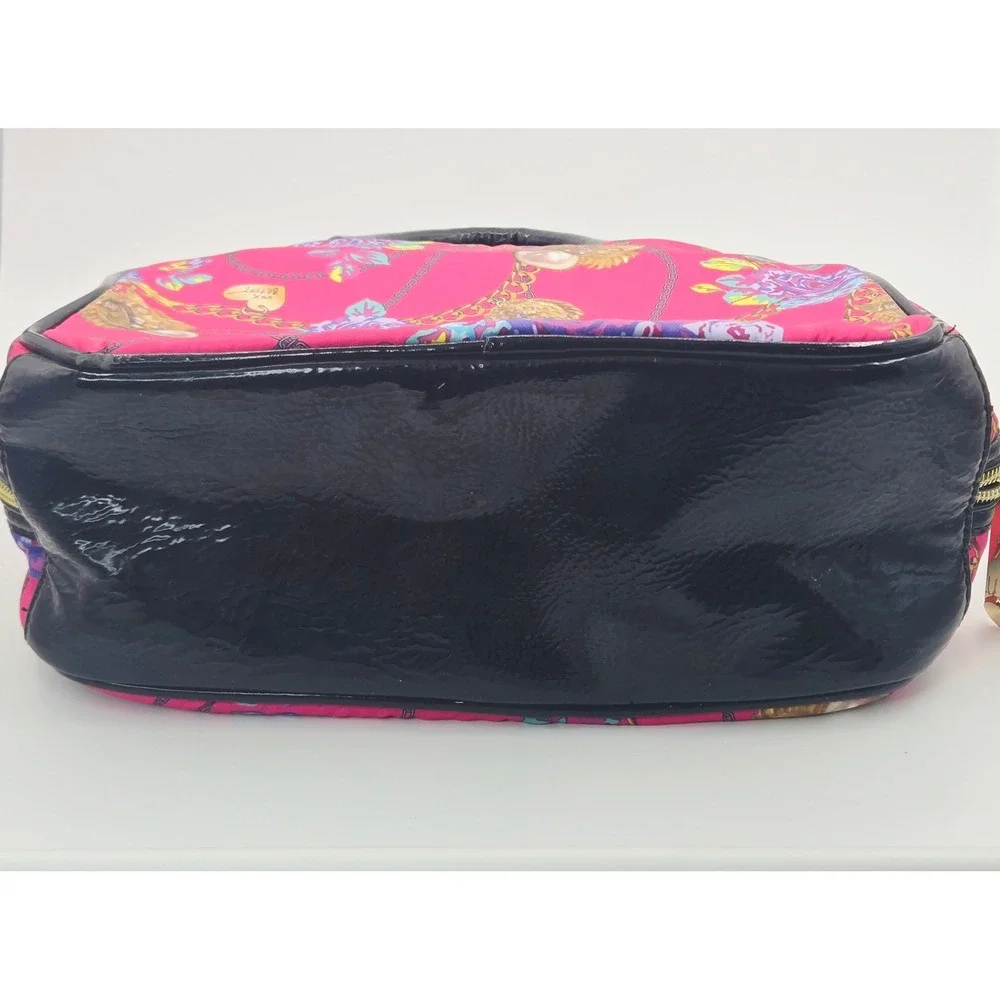 Betsey Johnson Y2K Pink Floral Chain Print Nylon Satchel Bag Black Patent‎ Trim